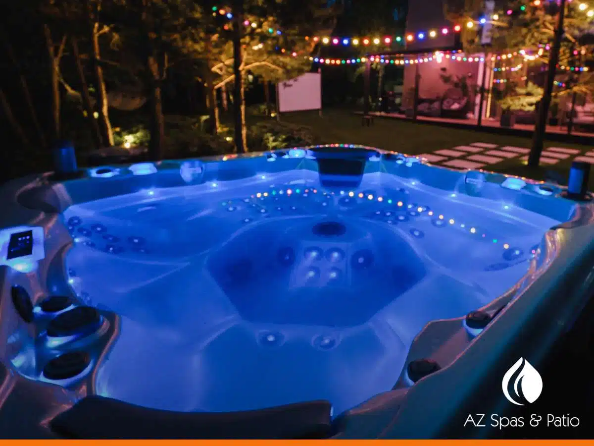 Backyard Hot Tub with LED lighting creating a relaxing atmosphere
